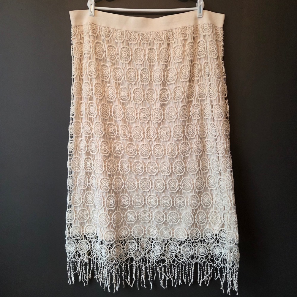 Cato Woman Cream Crochet Lace Fringe Hem Midi Skirt Plus Size‎ 26/28W Boho
